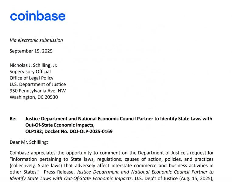 
 Coinbase просит Министерство юстиции США принять меры для предотвращения случаев принудительного исполнения со стороны штатов		