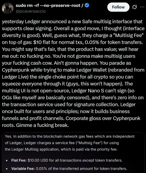 
 Ledger обвинили в попытке монетизировать мультисиг-интерфейс повышенными комиссиями		