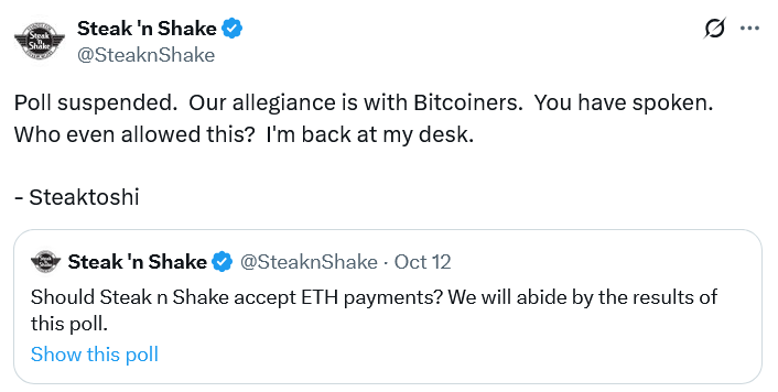 
 Steak &lsquo;n Shake развернулась на 180 градусов после того, как опрос по Ethereum разозлил биткойнеров		