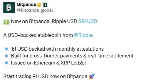 
 RLUSD дебютирует на Bitpanda, расширяя охват стейблкоина Ripple		