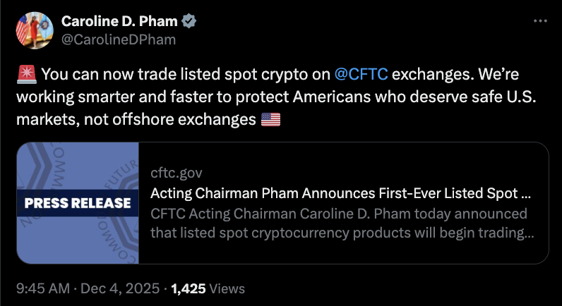 
 CFTC разрешила спотовую торговлю биткоином на регулируемых биржах		