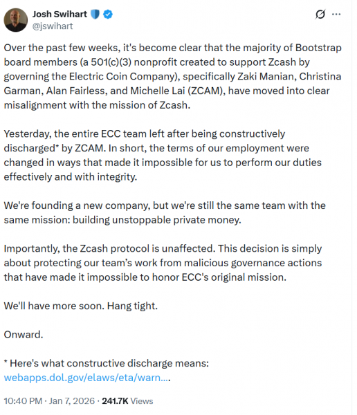 
 Zcash остался без ключевых разработчиков. Монета реагирует обвалом		