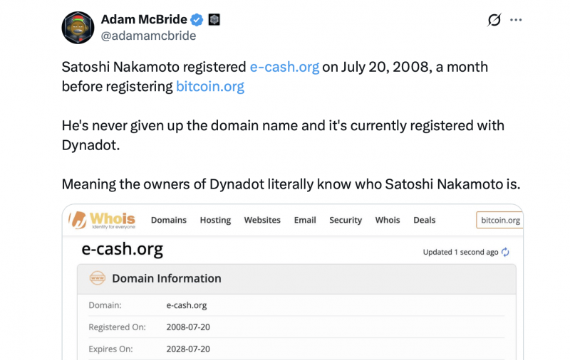
 Домен, который, возможно, упустил Сатоши: E-cash.org появился на 29 дней раньше, чем Bitcoin.org		