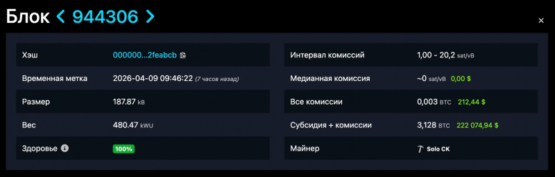 
 Соло-майнер добыл блок биткоина и заработал $222 000		