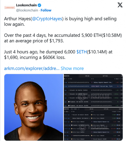 
 Криптокиты покупают эфириум, а Артур Хейс продал 6,000 ETH с большим убытком		