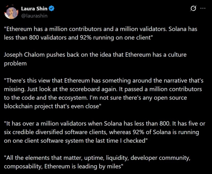 
 Бывший руководитель Blackrock защищает Ethereum на фоне сокращения числа валидаторов Solana до 800		