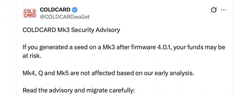 
 Coinkite предупреждает владельцев Coldcard Mk3 после сообщений о потере биткойнов на сумму 38 млн долларов		