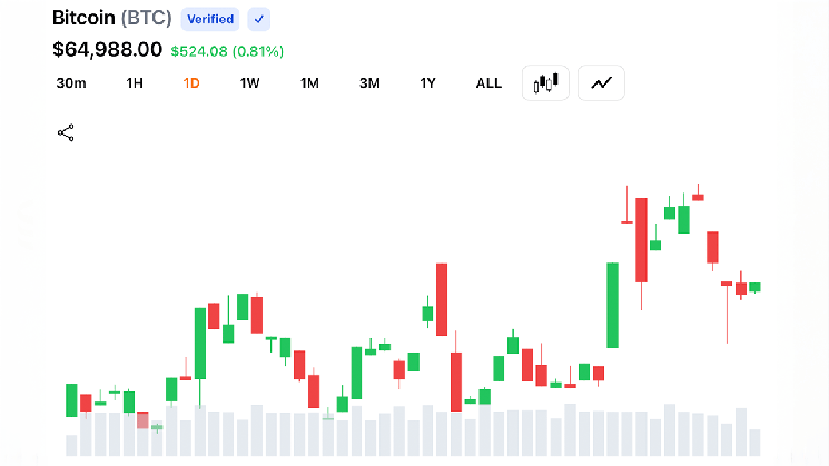 
 Курс биткоина превысил 65 500 долларов на фоне обвала коротких позиций по криптовалютам на сумму 209 миллионов долларов на различных рынках		