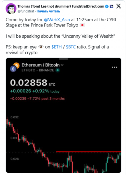 
 Том Ли: изменения в паре ETH/BTC говорят о восстановлении крипторынка		