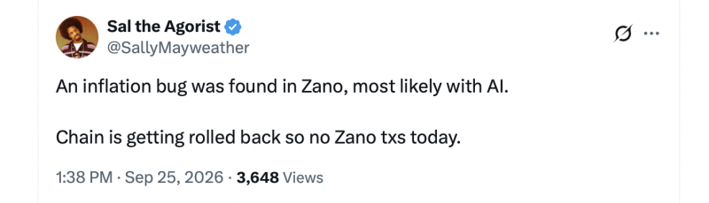 
 Ошибка Zano, связанная с инфляцией, вынудила блокчейн удалить целый день истории		